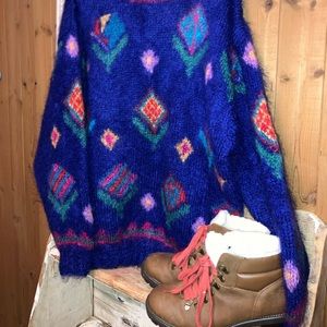 Vintage Icelandic Design Mohair Wool Blend Crew Neck Sweater Handknit